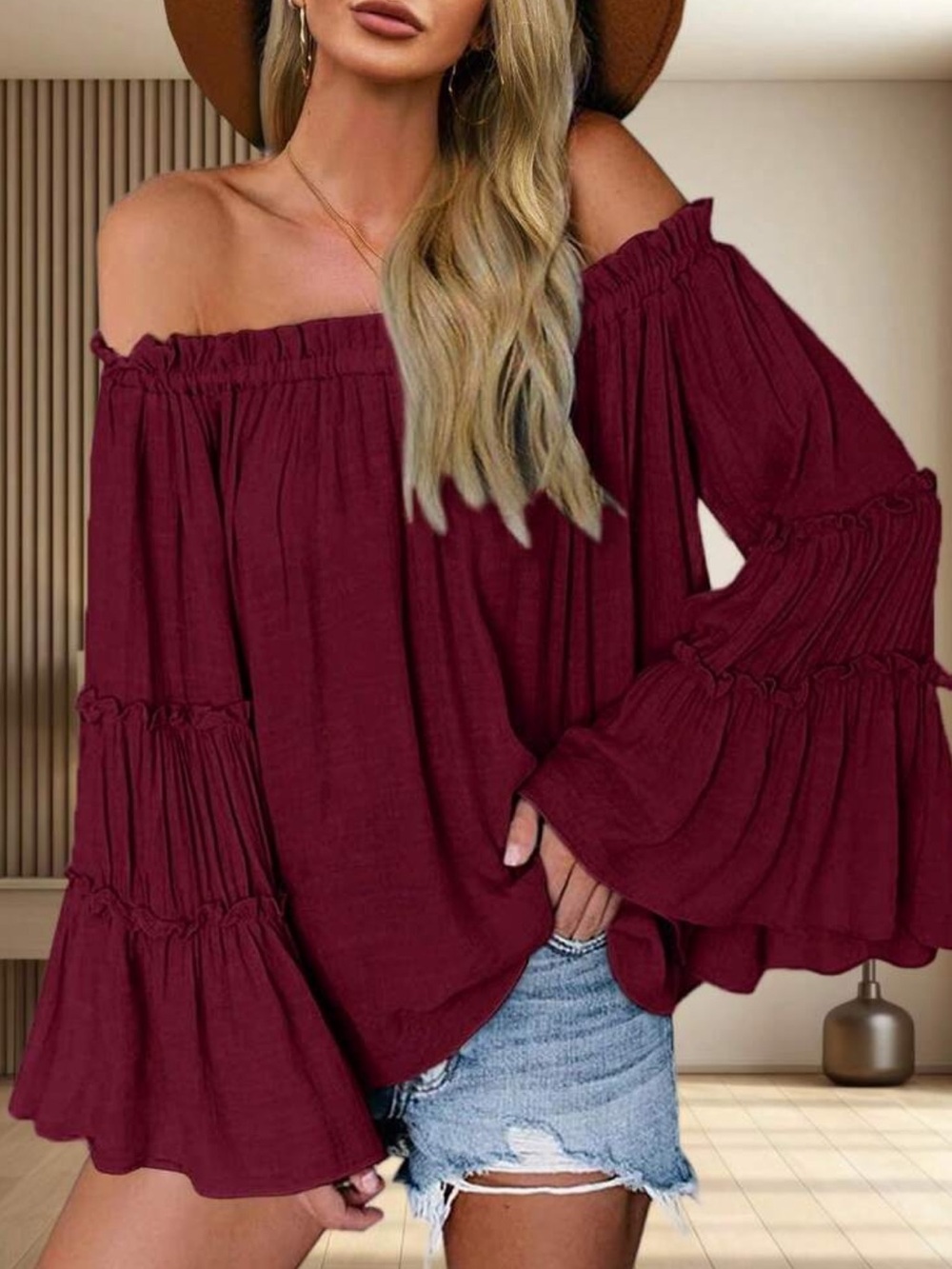 Off-Shoulder Burgundy Bell Sleeve Top - Womens
